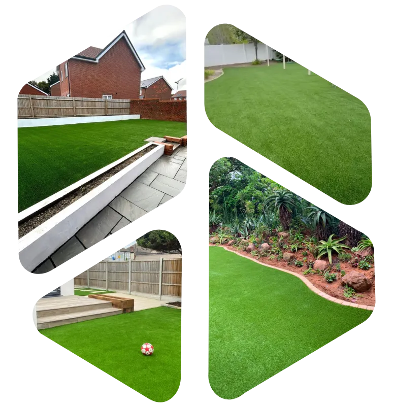 Artificial grass in different garden and backyard landscapes