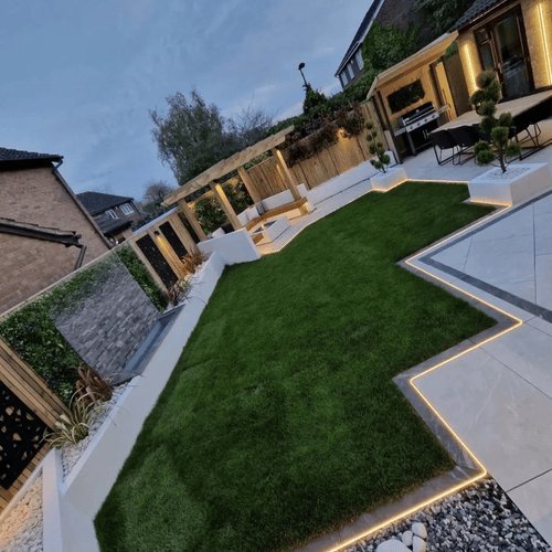 Artificial Lawn with Lights in Backyard